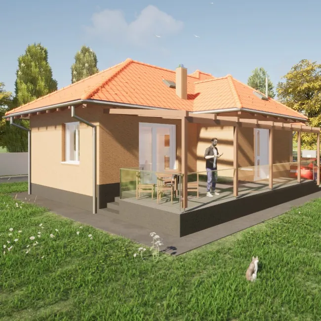 Monor, Pest Vármegye - Kockaház bővítése, átalakítása - építészeti tervezés - hátsókert felől terasz - square